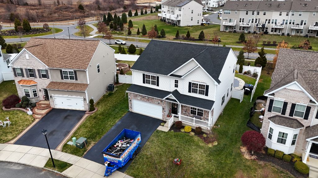 Aerial view of completed roof replacement on South Jersey home